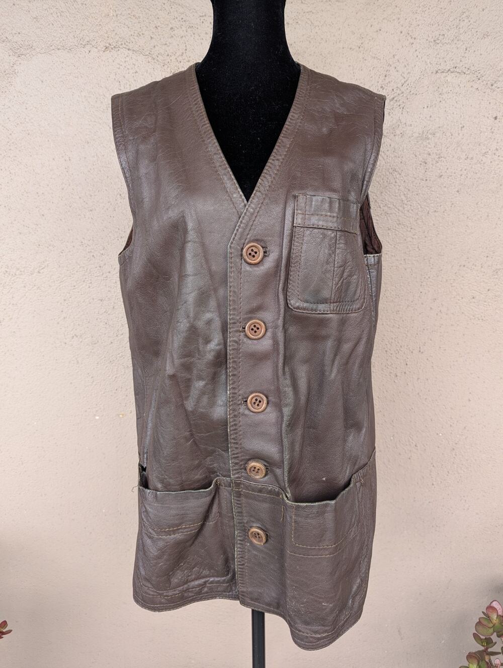 💜Vintage 1970s Brown Leather Longline Utility Vest